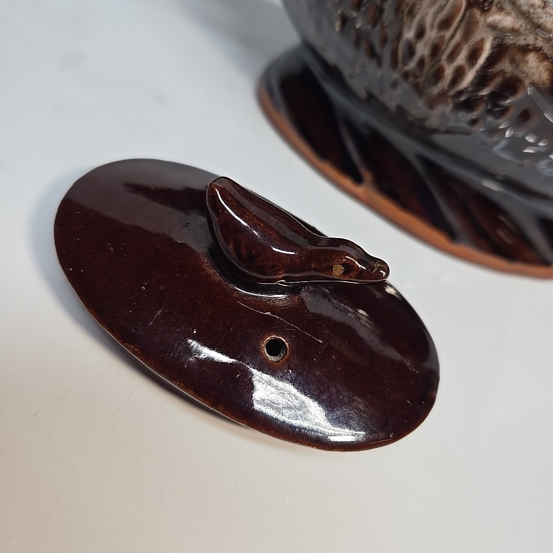 Vintage 1950's Redware Bird Shaped Teapot with Metal Spirl Handle 10in Long