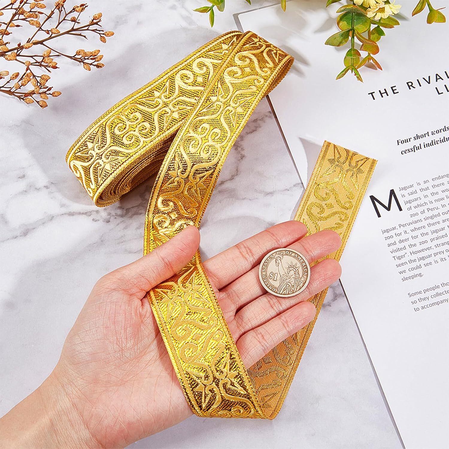 7.7 Yards Gold Jacquard Ribbon Trim, 1-1/4 Inch Wide Boho Woven Trim Ethnic Flor