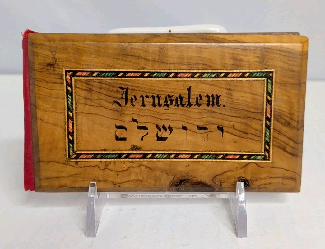 ANTIQUE Pressed Dried FLOWERS FROM ISRAEL Book OLIVE WOOD CARVED COVERS  C4