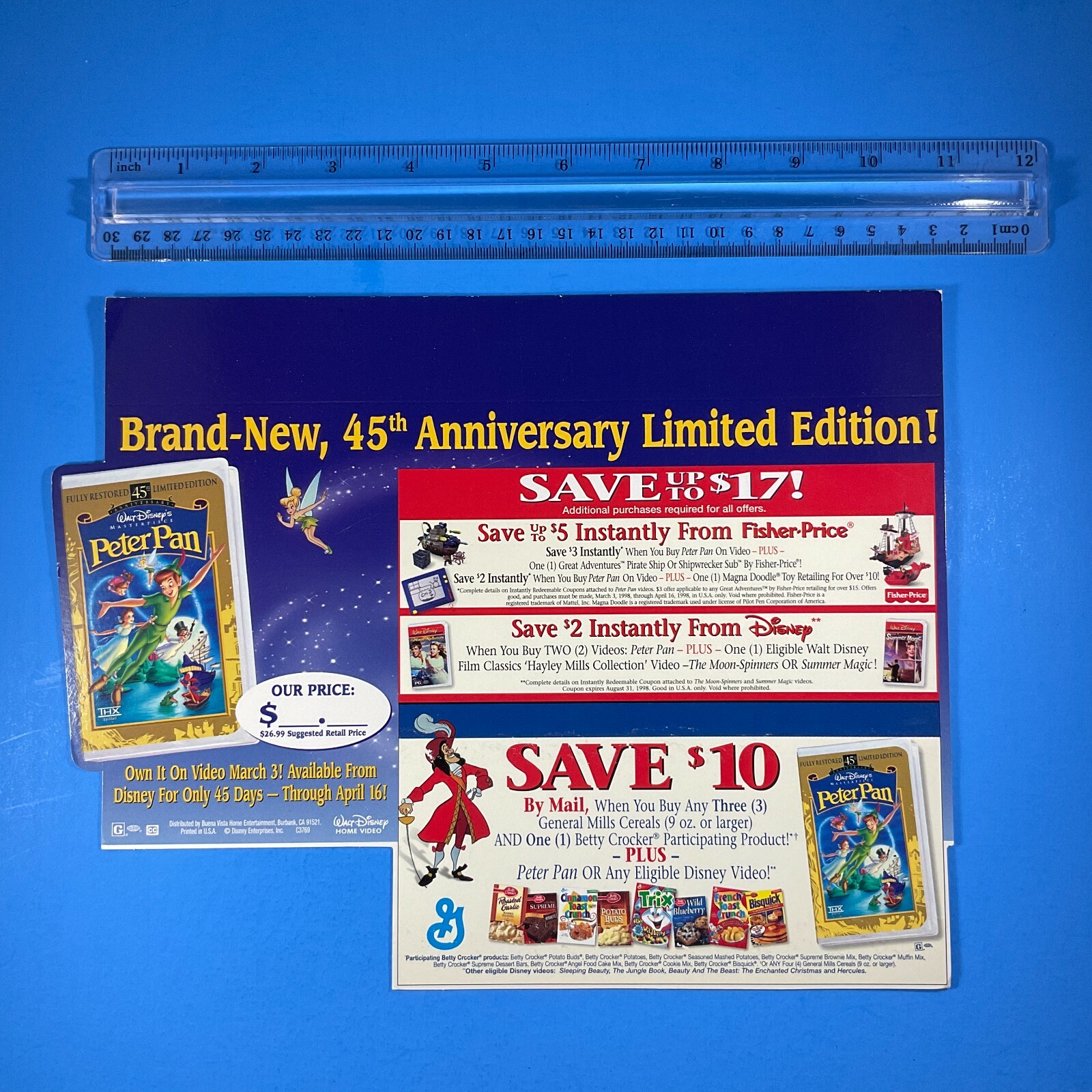 Walt Disney's PETER PAN 1998 Store Display Shelf Talker 45th Anniversary Promo!