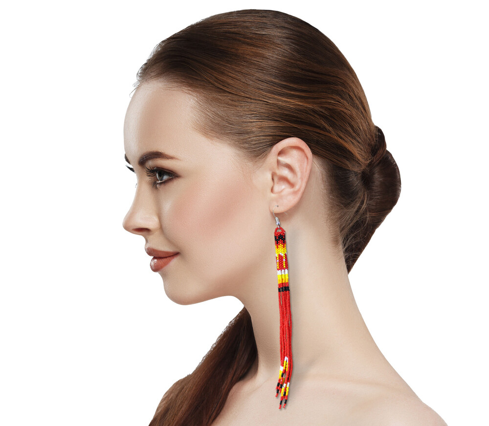 Red Glass Seed Beads Beaded Extra Long Earrings 5.5 inch E53/29