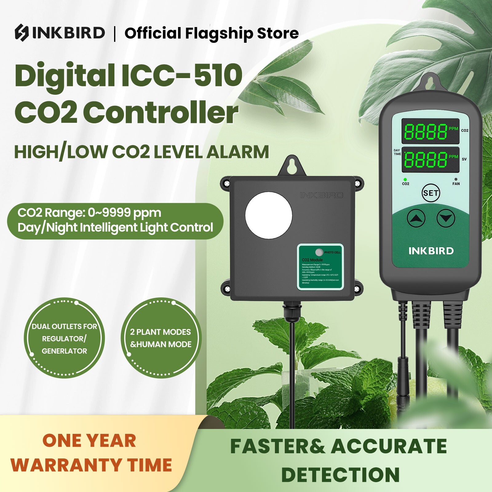 INKBIRD CO2 Controller Carbon Dioxide Built-in Photo Sensor 3 Running Modes 120V