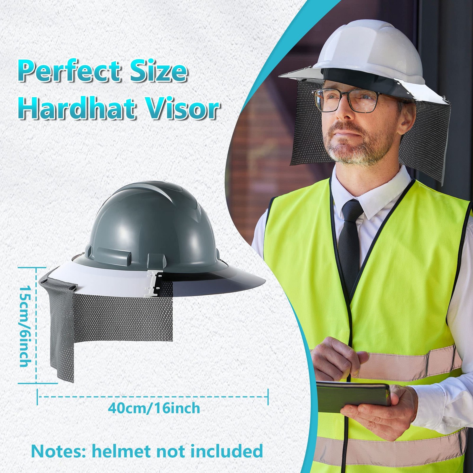 Feekoon Reusable Hard Hat Visor, with Neck Protector Medium, white, black