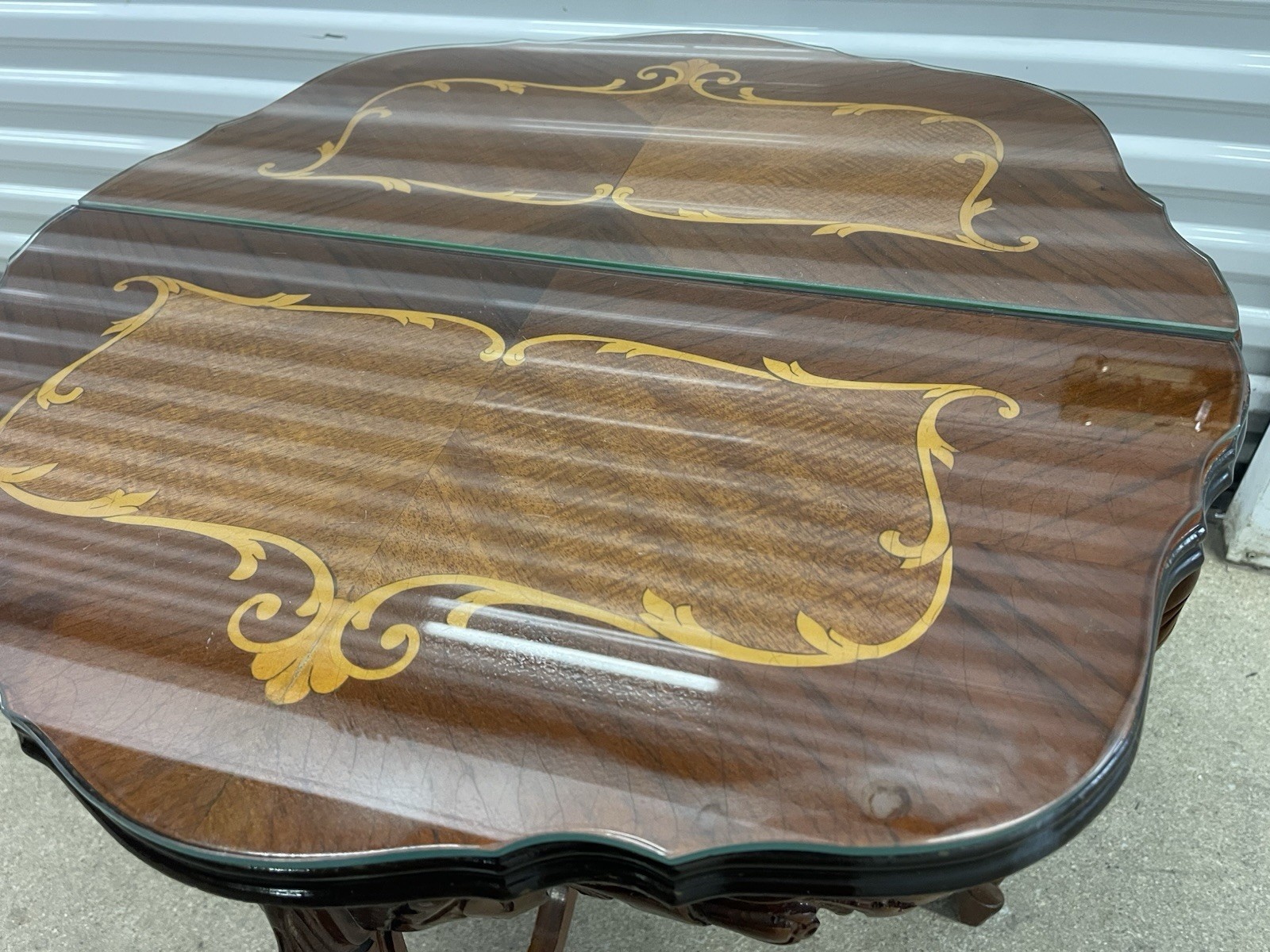 Vintage French Neoclassical Inlaid Marquetry Wood Side Table Ornate Legs Glass