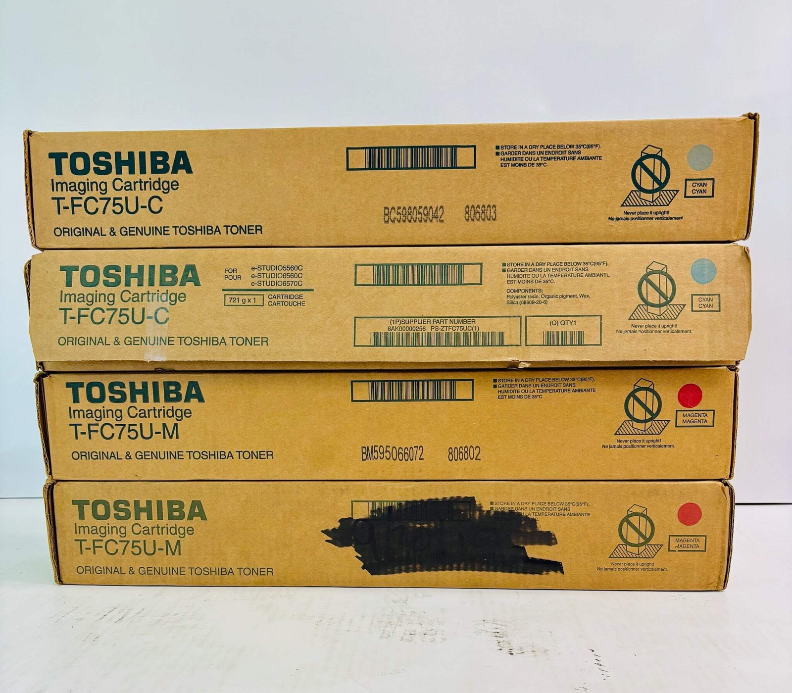 4 Genuine Toshiba e-STUDIO 5560C,6560C,6570C Cyan & Magenta Toner T-FC75U CCMM