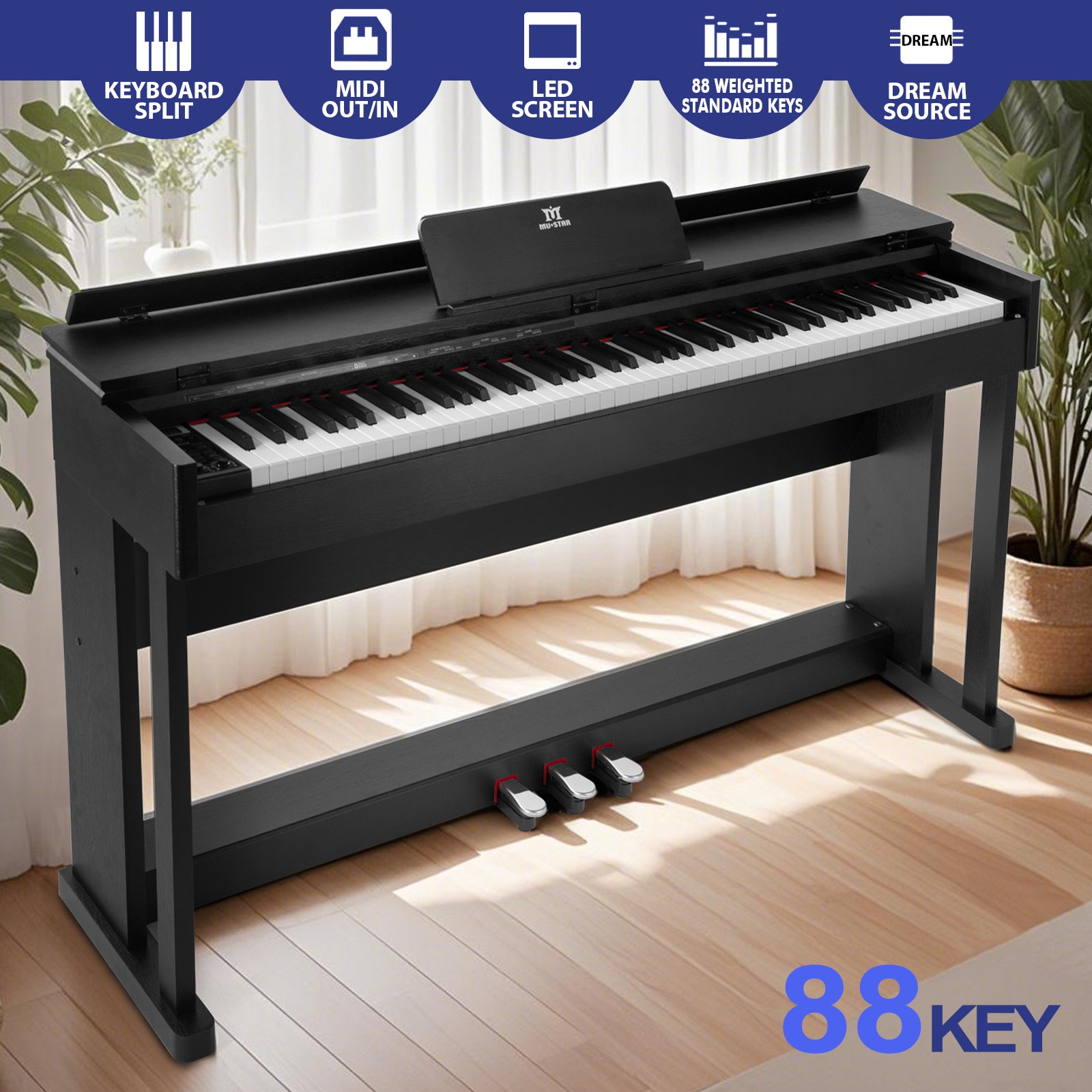 Black Full Size 88Key Weighted Hammer Action Digital Piano Keyboard with 3-Pedal