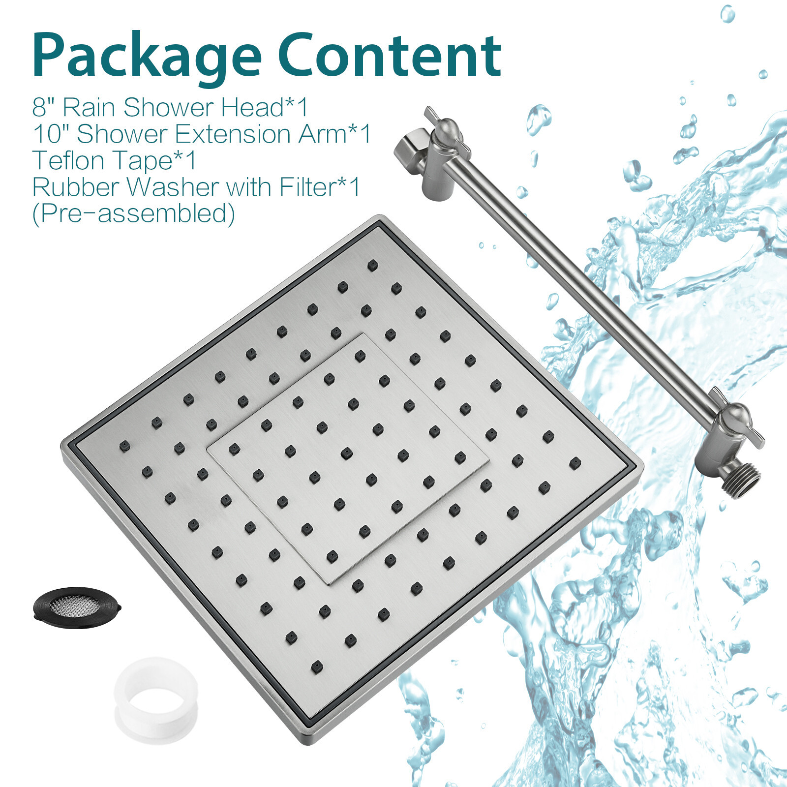 New BRIGHT SHOWERS Rain Shower Head with 10 Inch Adjustable Extension Arm Combo