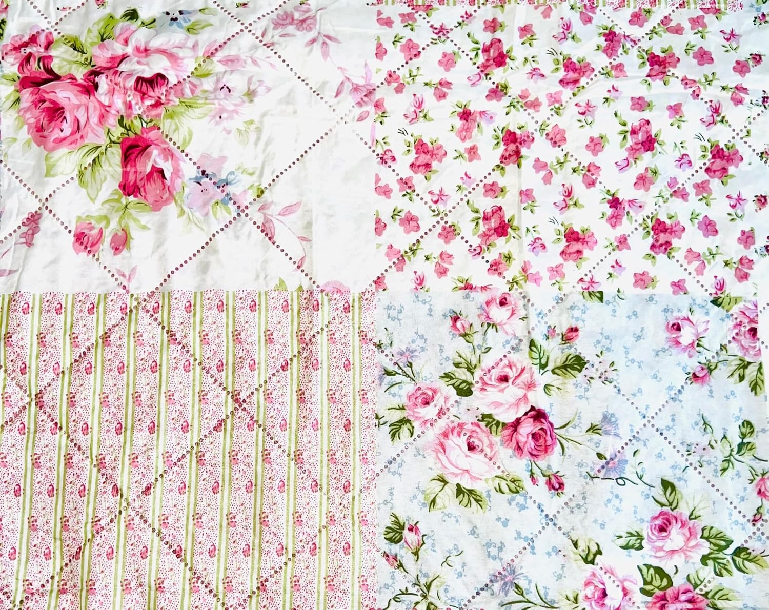 3-Piece Queen Size Printed Patchwork Quilt Set - Pink Flower Floral Polka Dots