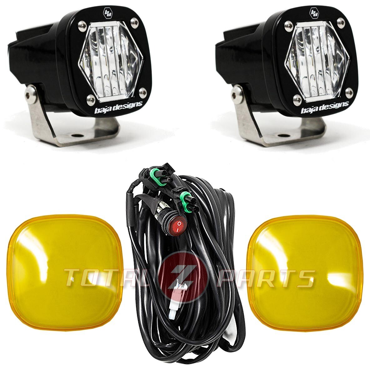 Baja Designs® S1 LED Lights Pair Wide Cornering, Amber Rock Guards, Wire Harness