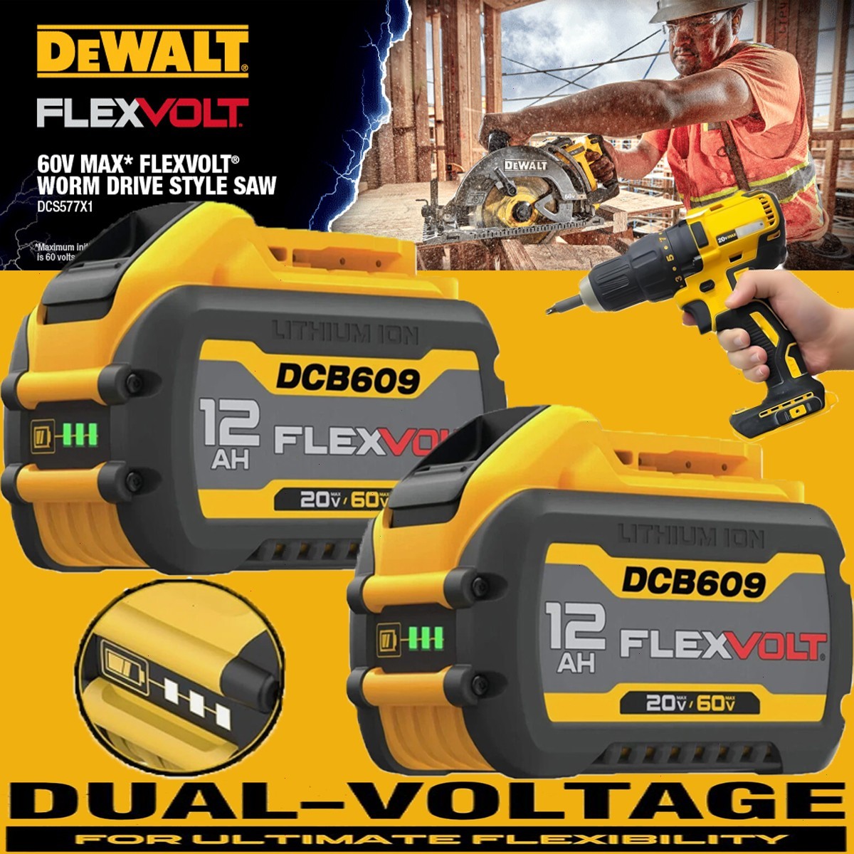 2Pack 12.0AH DCB609-2 For DEWALT DCB612 20V/60V MAX FLEXVOLT Lithium-Ion Battery