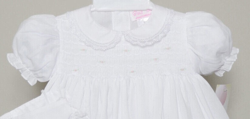 NWT Petit Ami White Smocked Lace 3P Dress Preemie Reborn Baby Girls Bonnet PRE