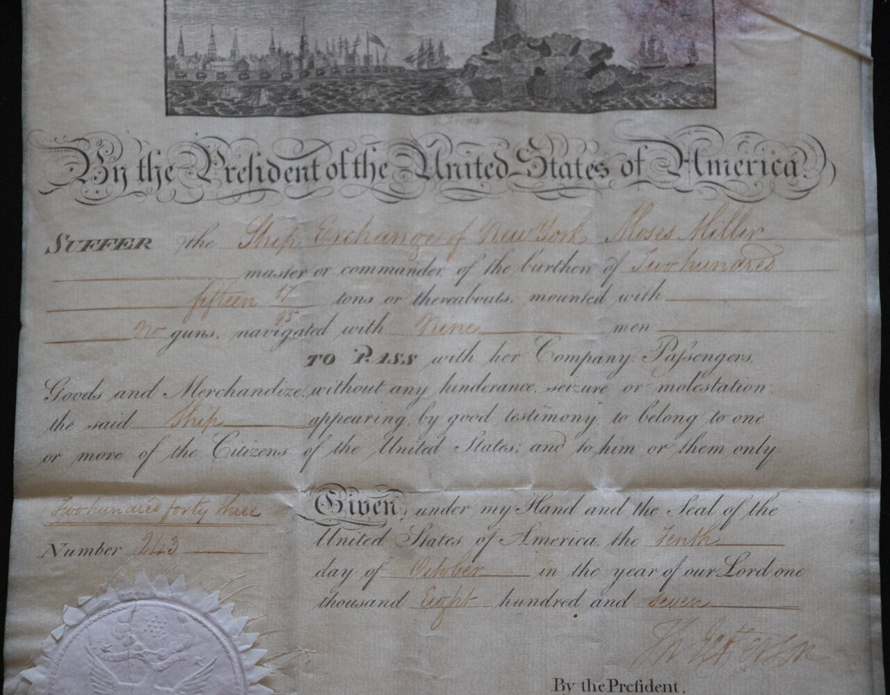 1807 Thomas Jefferson & James Madison Signed Ship’s Papers Barbary Pirates