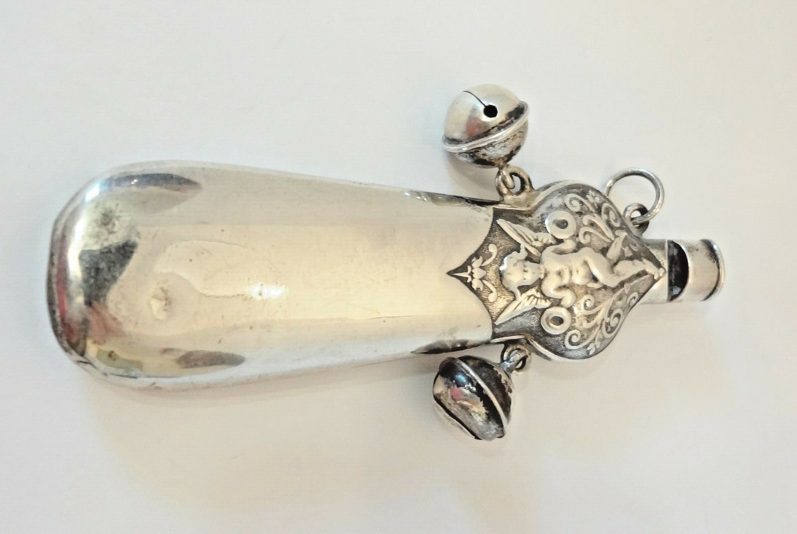 Antique Sterling Silver Baby Rattle Whistle w/ Bells Repousse Cherubs