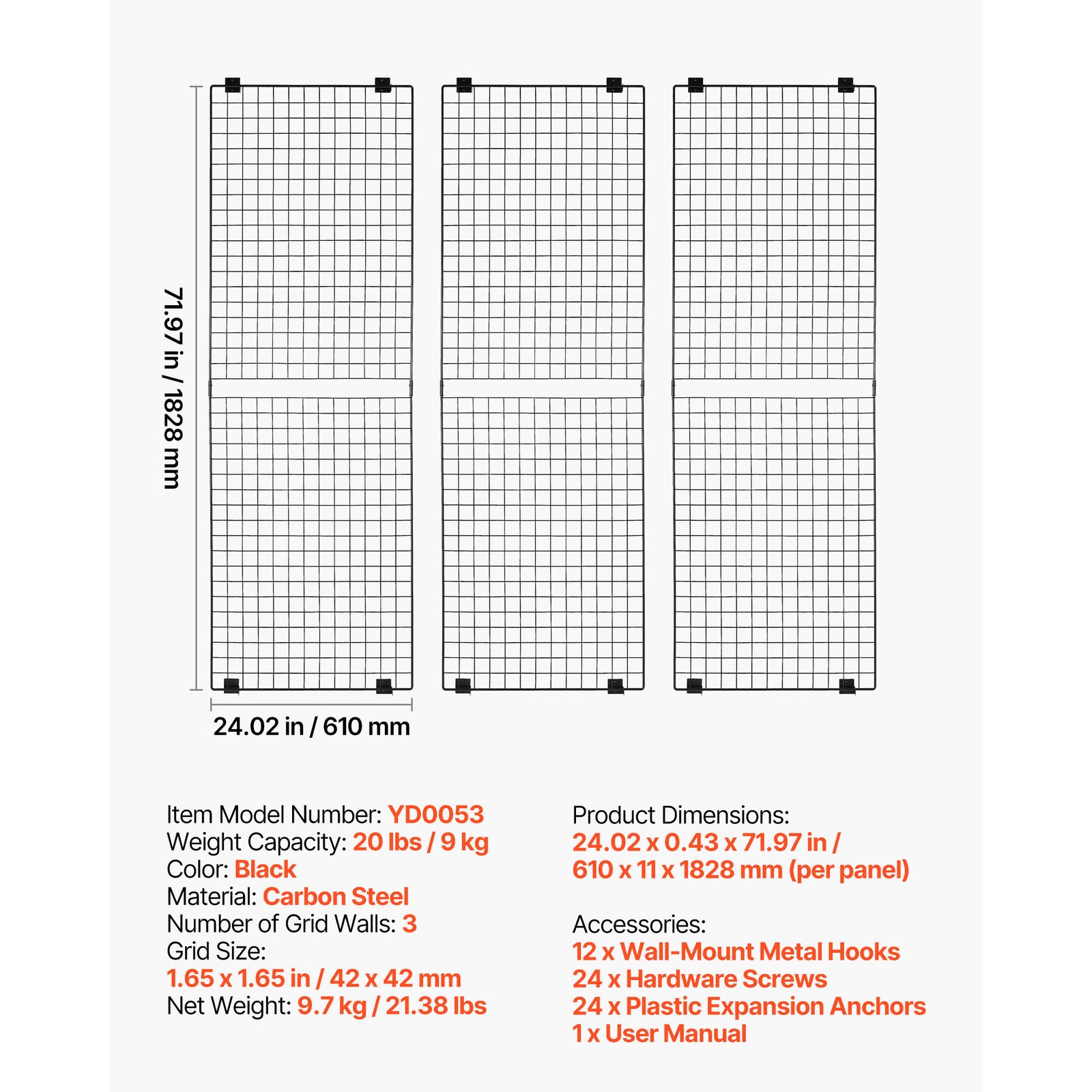 Uimoso Set of 3 Wall Grid Panels 2x6 ft Wire Display Racks in Black Finish