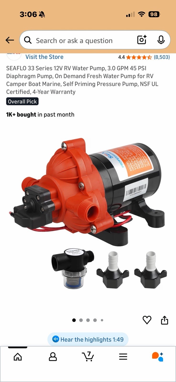 SEAFLO Water Pressure 12-V 3.0 GPM 33 Series Automatic Demand Diaphragm Pump