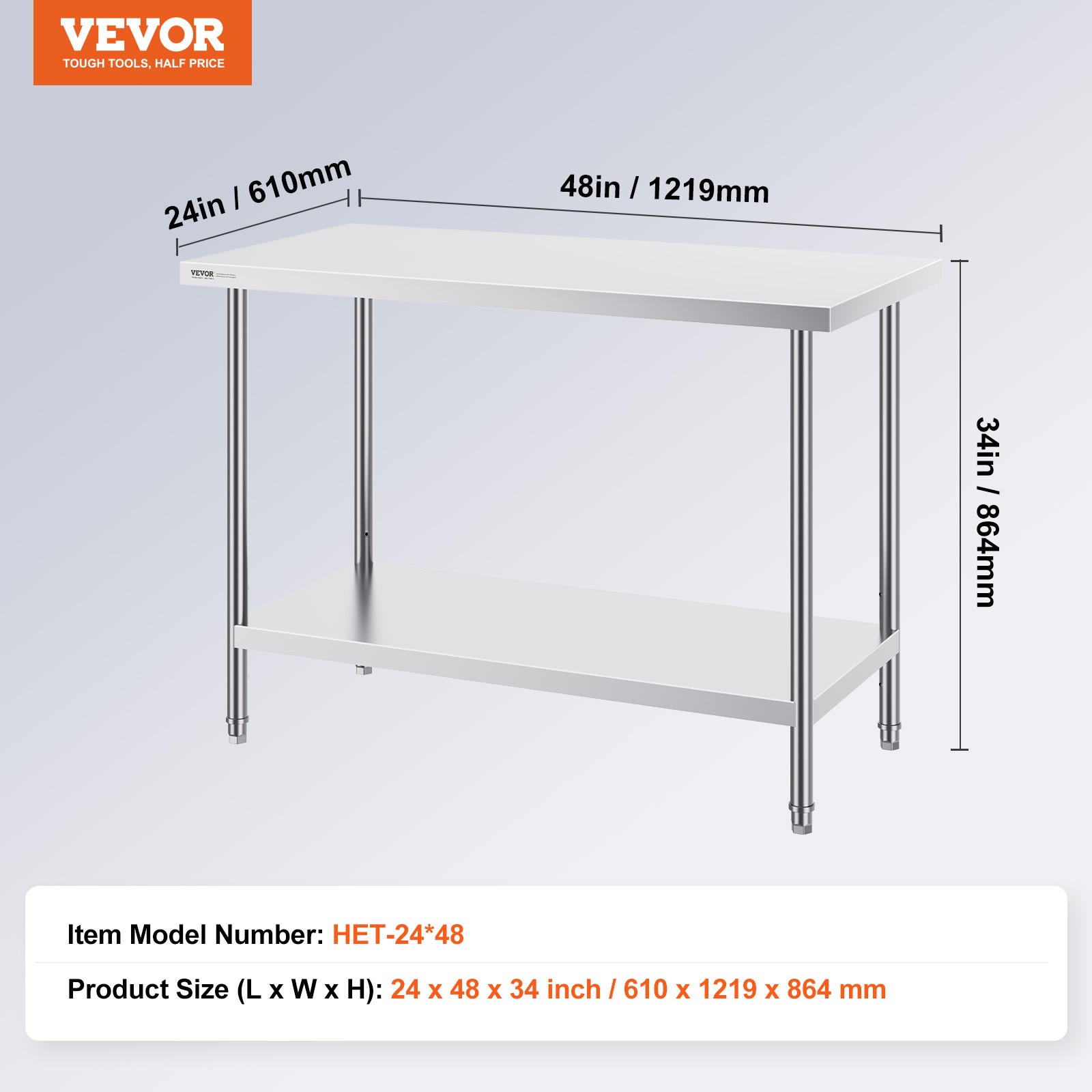 VEVOR Stainless Steel Work Prep Table Commercial Worktable Food Prep 24x48x34in