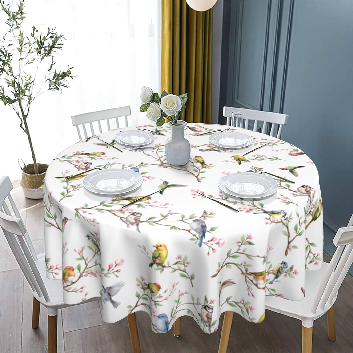 Spring Summer Tablecloth round 60 Inch, Birds Branch Floral Table Cloth Washable