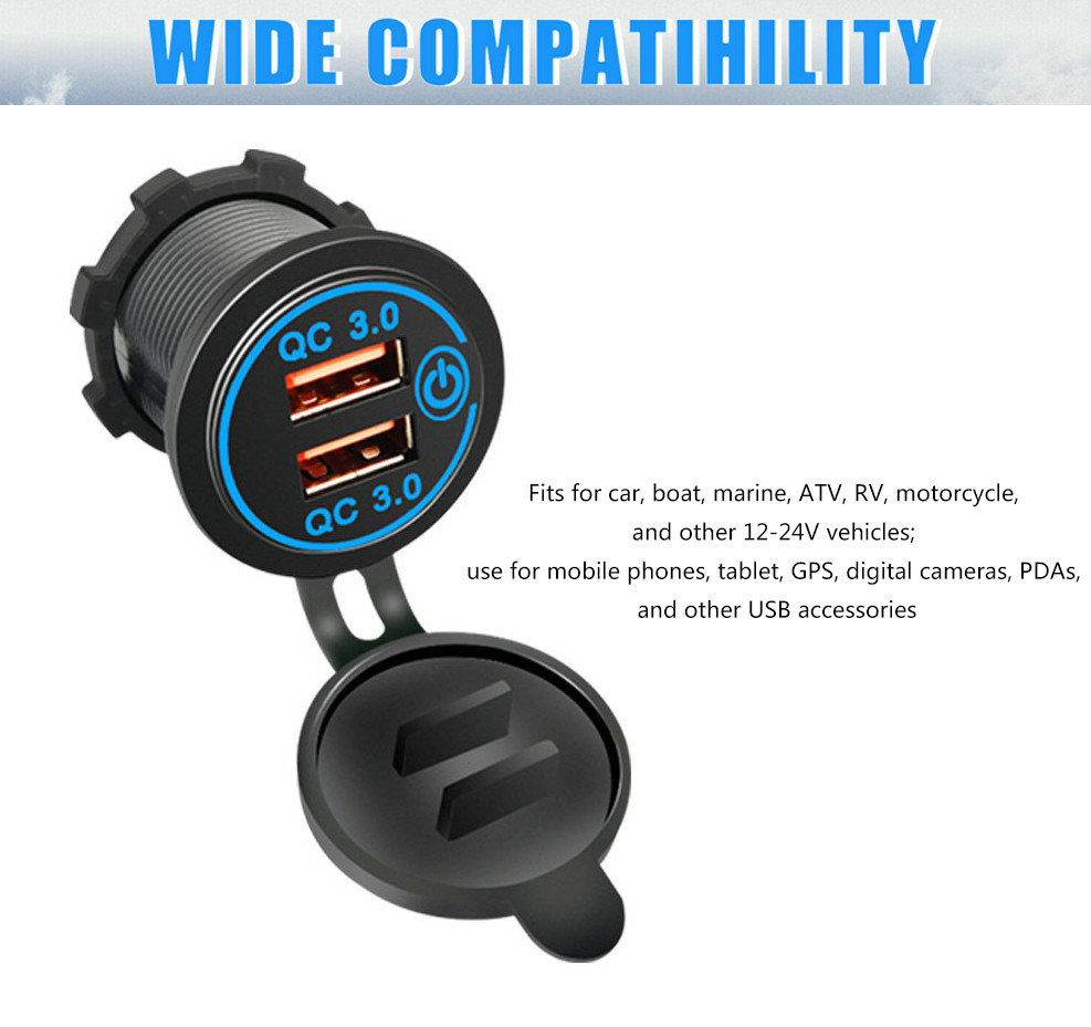 12V Car Cigarette Lighter Socket Dual QC 3.0 USB Port Charger Power Outlet LED