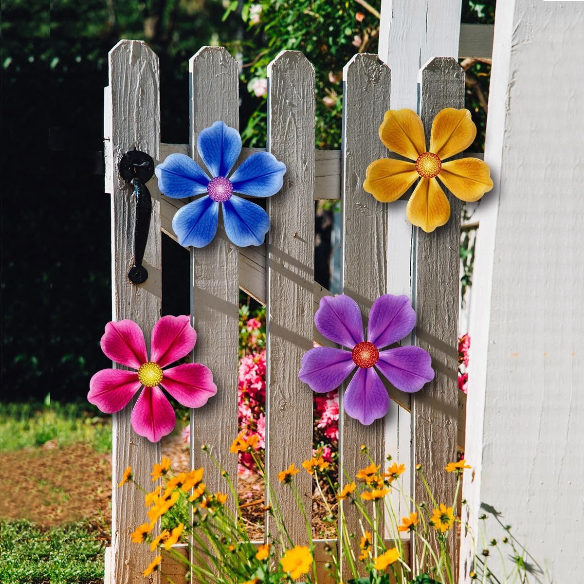 4 Pcs Metal Flower Wall Decor 6.2 Inch Hanging Art for Outdoor Garden Yard Fence