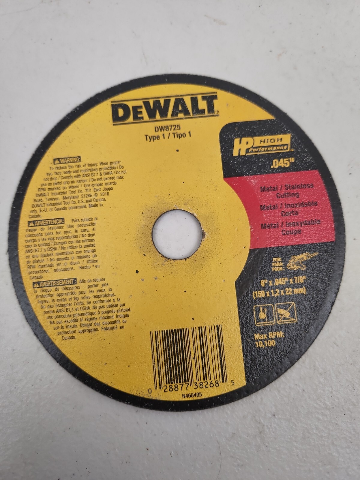 DEWALT DW 8725 6" THIN HP METAL CUTTING WHEEL 100 Pack