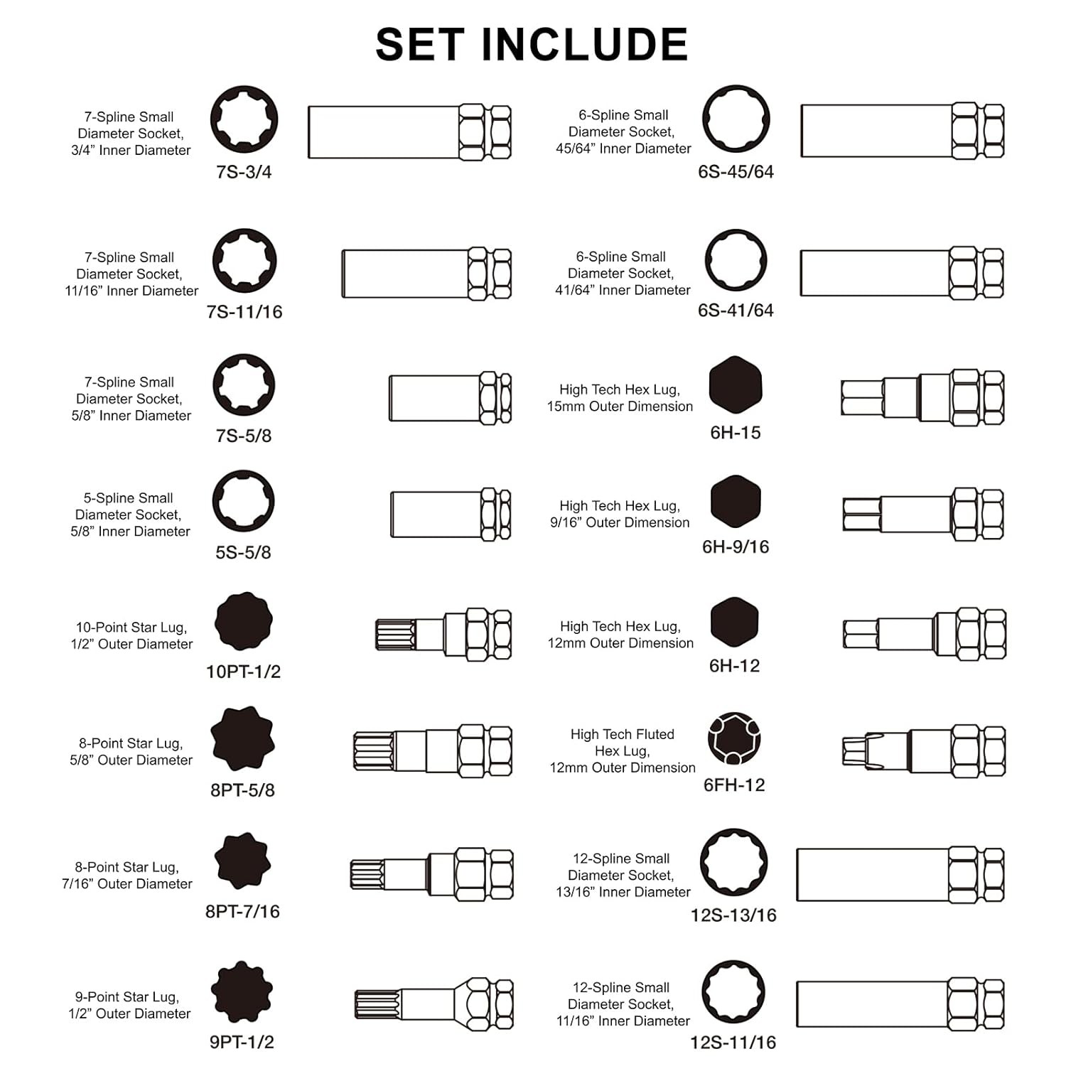 16 pcs Locking Lug Nut Master Key Set of Spline Star and Hex Style Keys