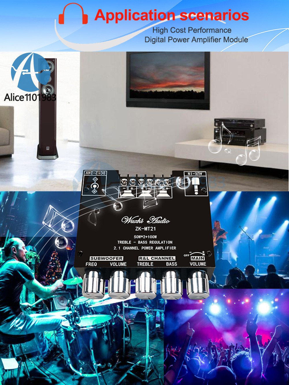 ZK-MT21 2.1Channel Bluetooth Audio Power Amplifier Board Subwoofer 50W*2+100W US