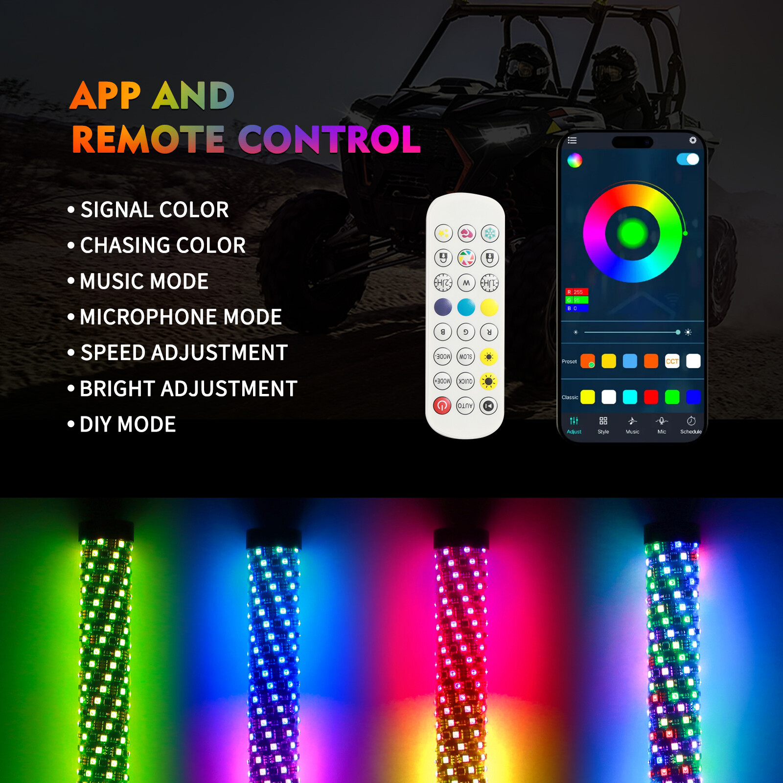 2x 3FT Thick LED Whip Spiral Chasing RGB Fat Whip Lights For Can Am Polaris RZR