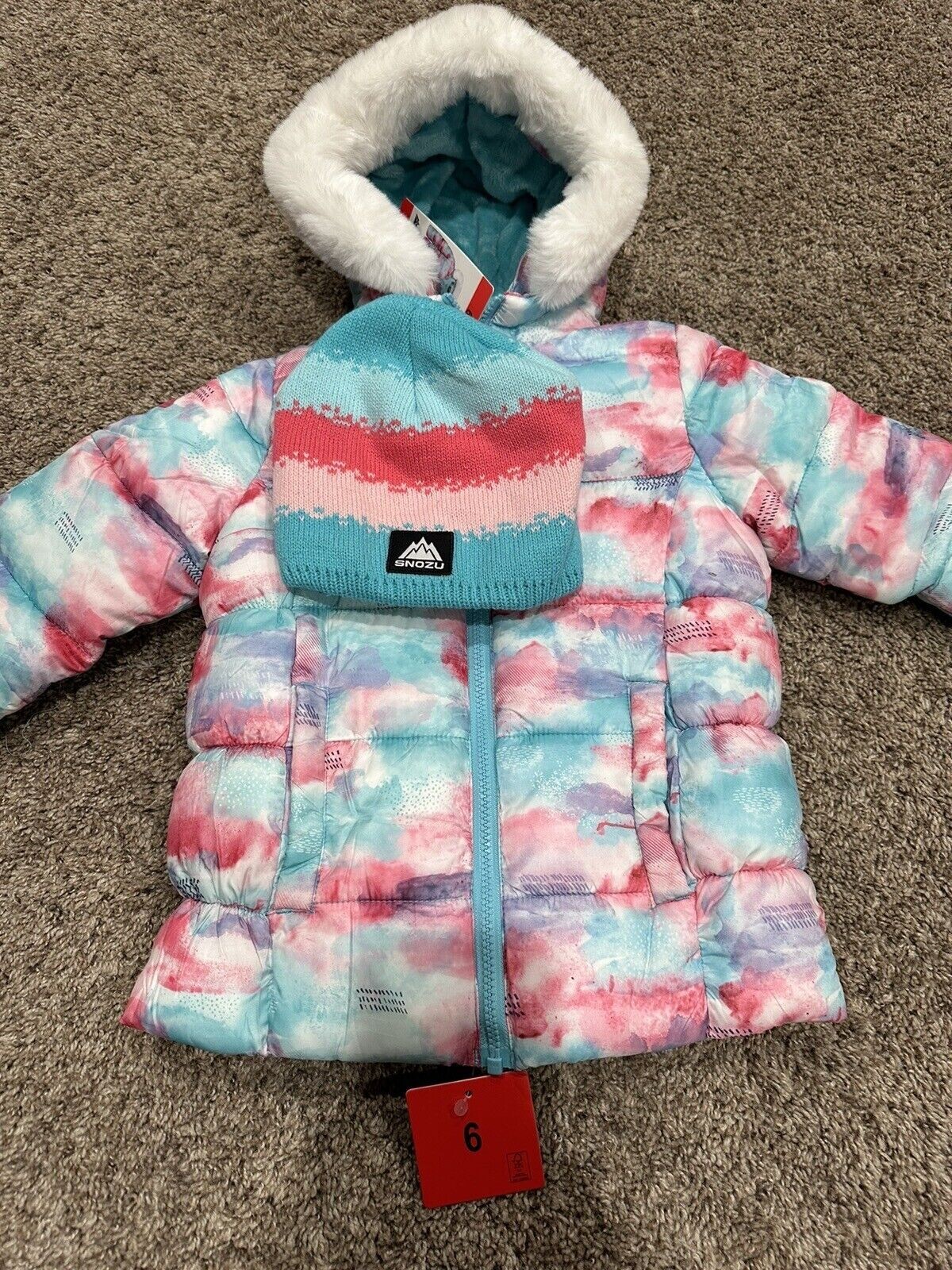 NEW Snozu Kids Girl's Puffer Jacket with Knitted Hat, Pastel Multicolor, Size 4T