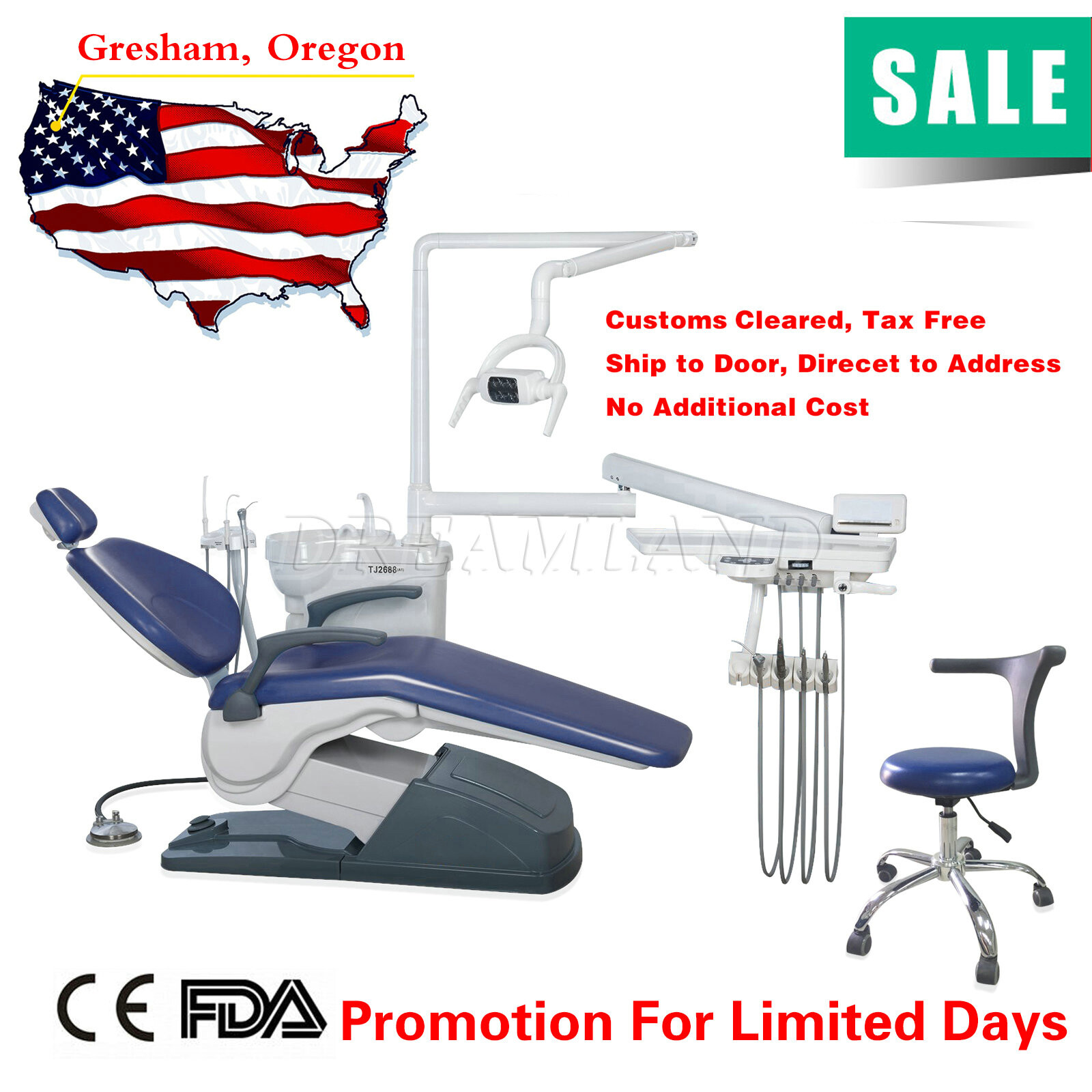 ADJUSTABLE MEDICAL DENTAL CHAIR WITH STOOL COMBINATION BLUE Hard Leather
