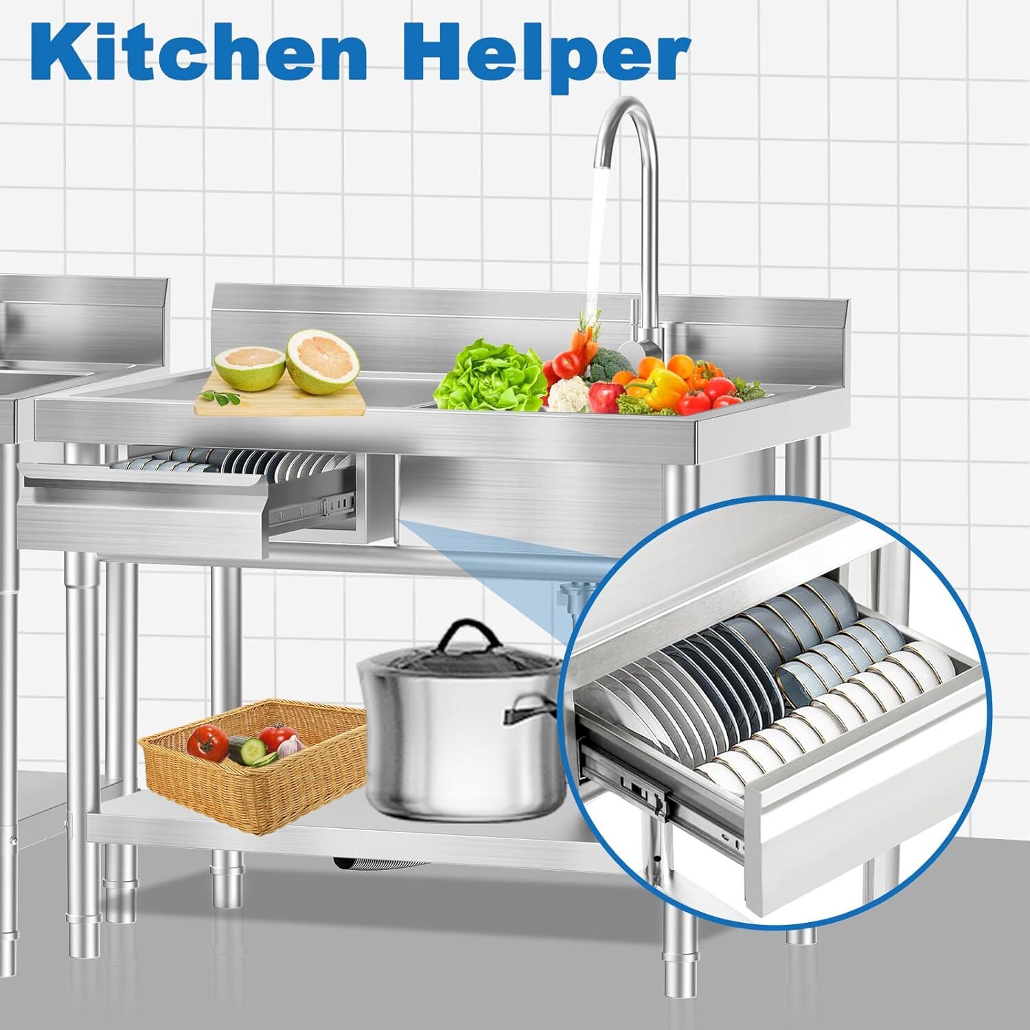 Stainless Steel Freestanding Single Bowl Laundry Sink with Workbench Drawers