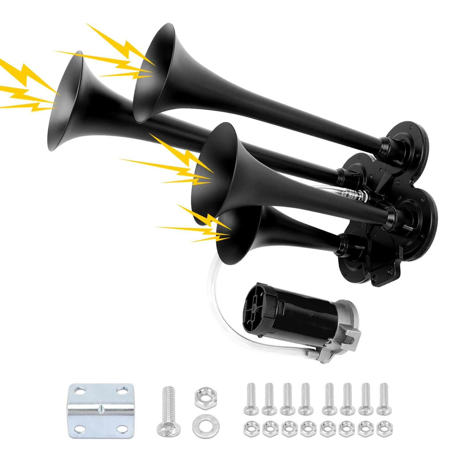 12V 185DB Loud Sound 4 Trumpet Black Train Air Horn Kit For Truck Pickup Car