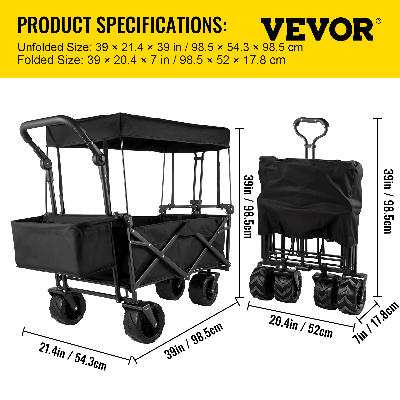 VEVOR Folding Wagon Cart Collapsible Garden Cart w/Canopy 220lbs Big Wheels