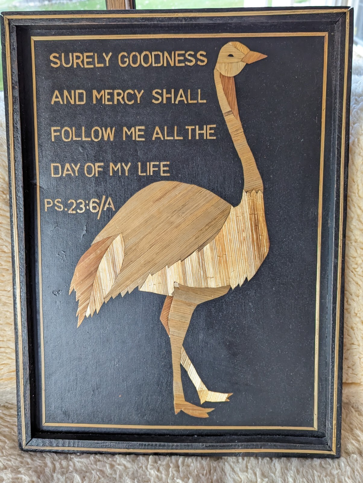 Handmade African Banana Tree Art Ostrich Christian Wall Decor Psalm 23:6 Vintage