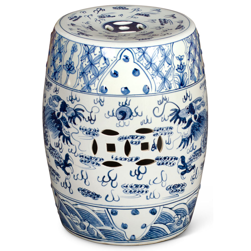US Seller - Blue & White Porcelain Chinese Imperial Dragon Motif Garden Stool