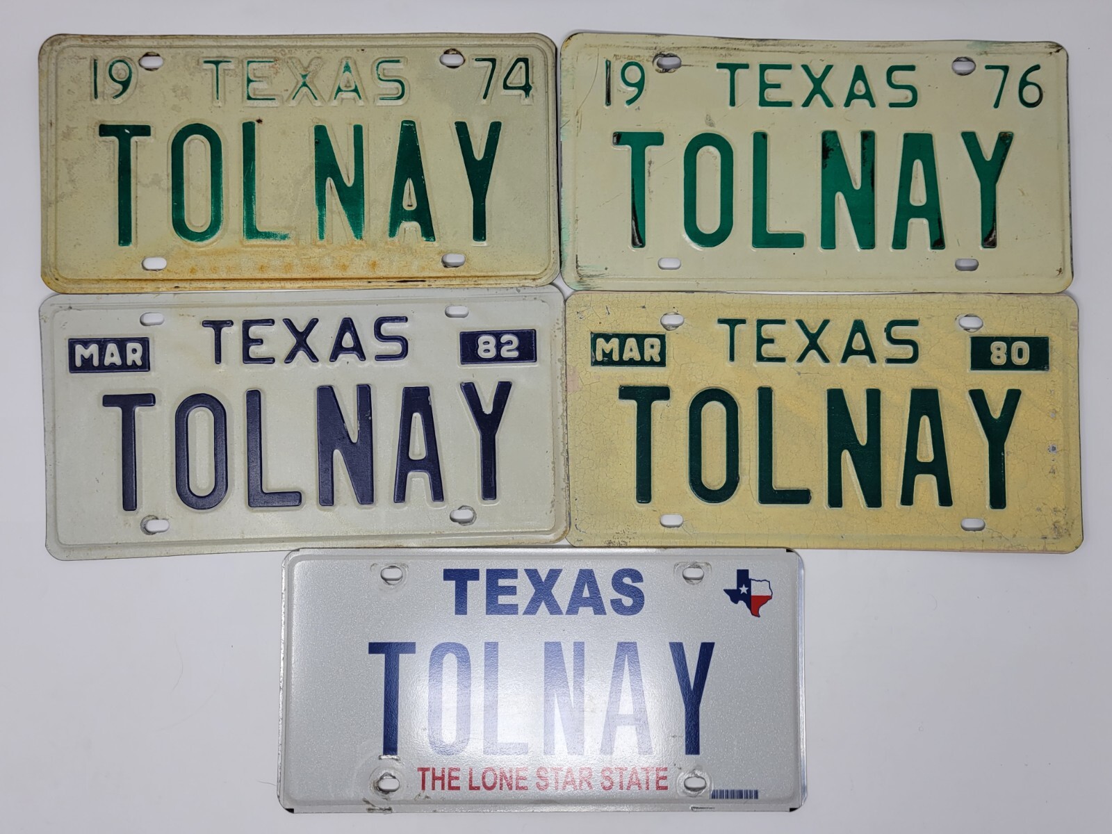 Set of (5) 1970s & 1980s Texas Vanity License Plates - TOLNAY - Vintage