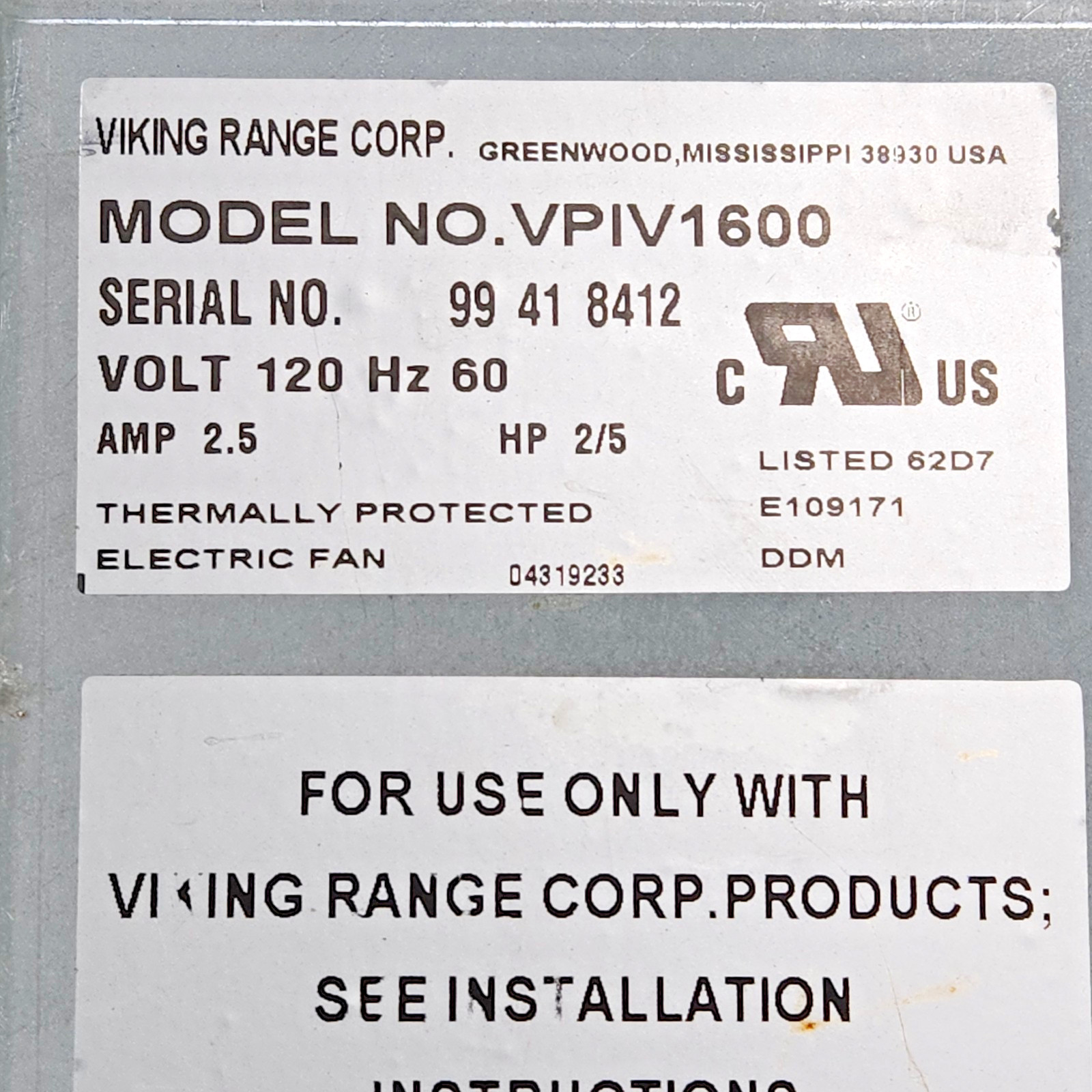 Viking Blower 600 cfm VPIV1600 for Downdraft VIPR160 Fan PD220008 Motor PD220009