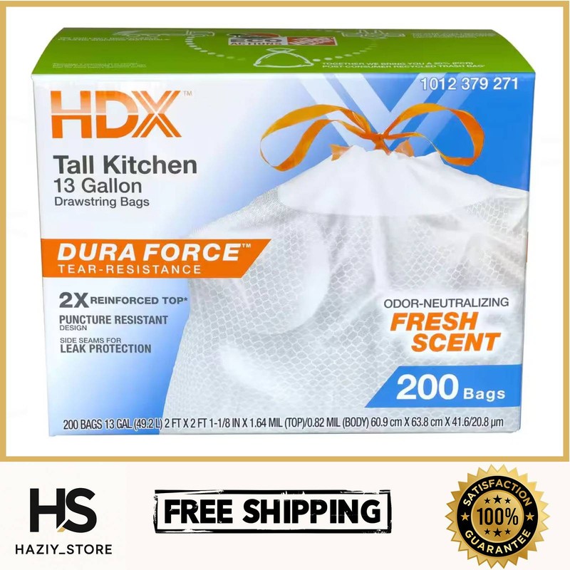 13 Gallon Fresh Scent Tall Kitchen Trash Bags with Drawstring, 200-Count