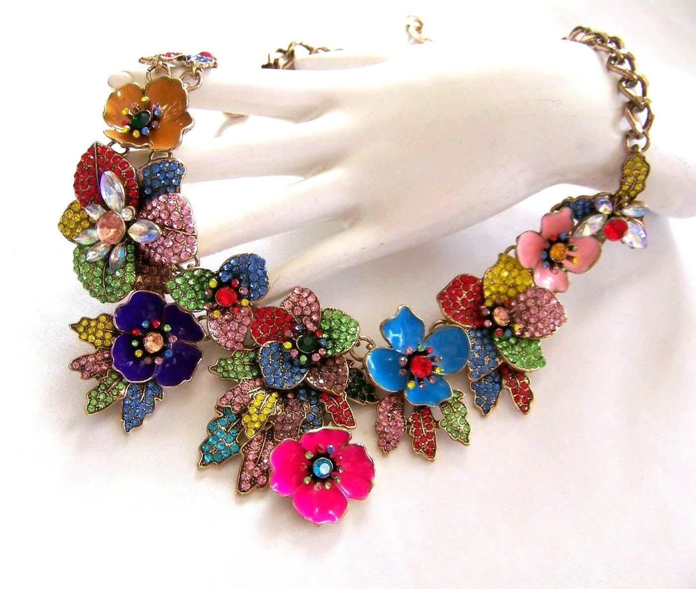 VALENTINE FLORAL BOUQUET VTG Style Pave Rhinestone Enamel Bib Necklace