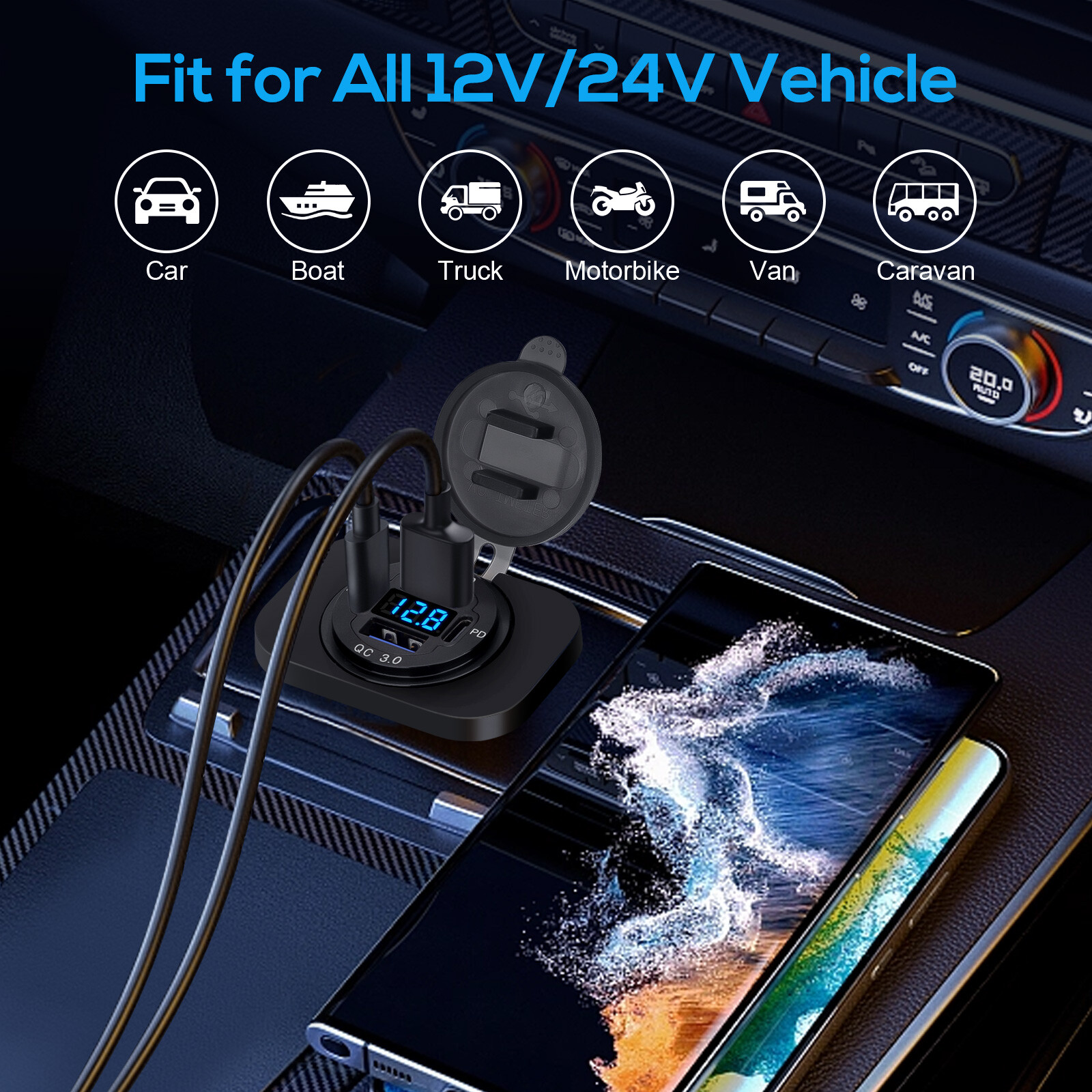 12-24V 4 Port Fast Car Charger QC3.0 & PD USB C Outlet Socket for Boat RV Marine
