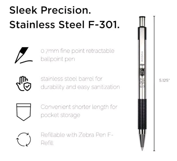 Zebra F-301 Steel Retractable Ball Point Pen Fine Point 0.7mm Black Ink, 12 Pens