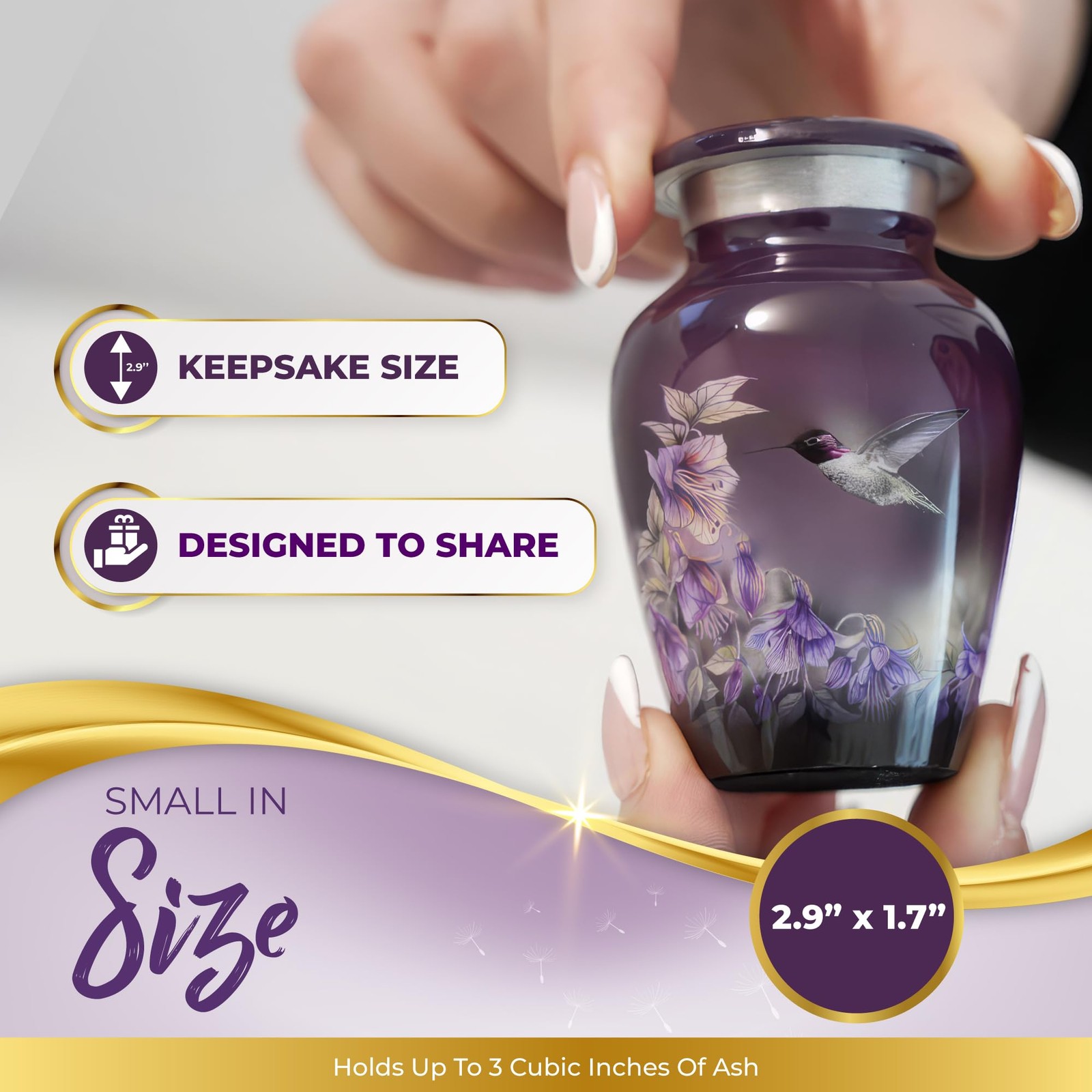 Beautiful 2.9" Hummingbird Keepsake Urn (1 Piece), Sacred Purple