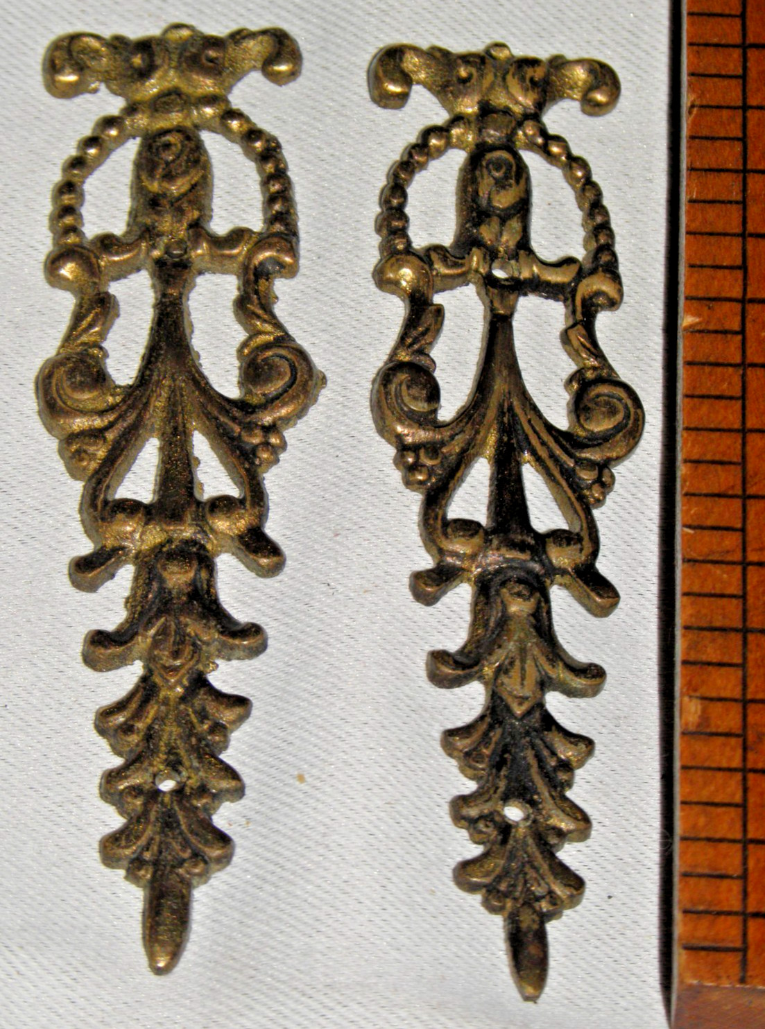 Pair Antique Gild Brass Furniture Pediments Decorative Applique Hardware 3 5/8”