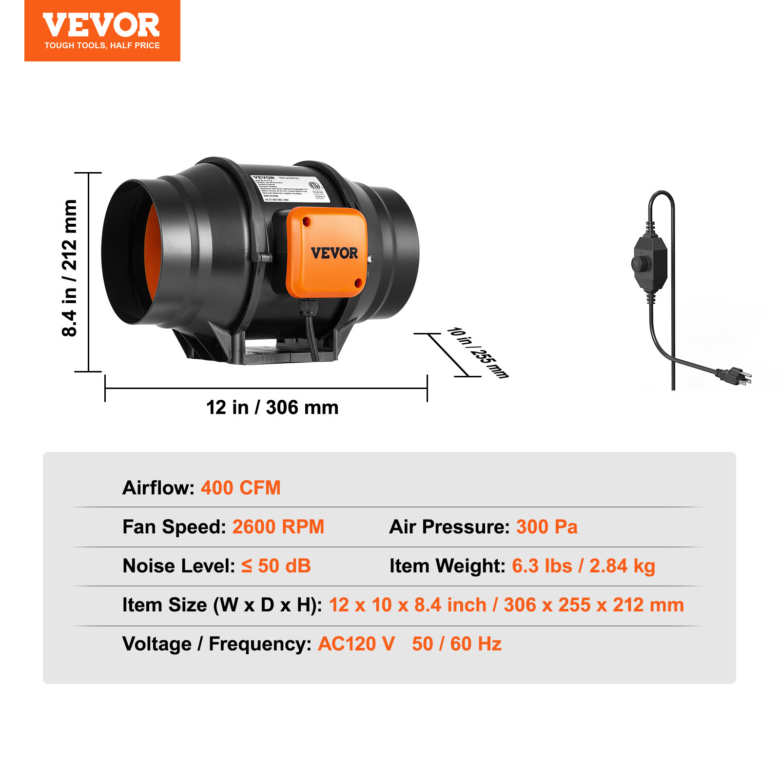 VEVOR 6 Inch Inline Duct Fan HVAC Exhaust Blower Kit, Variable Speed