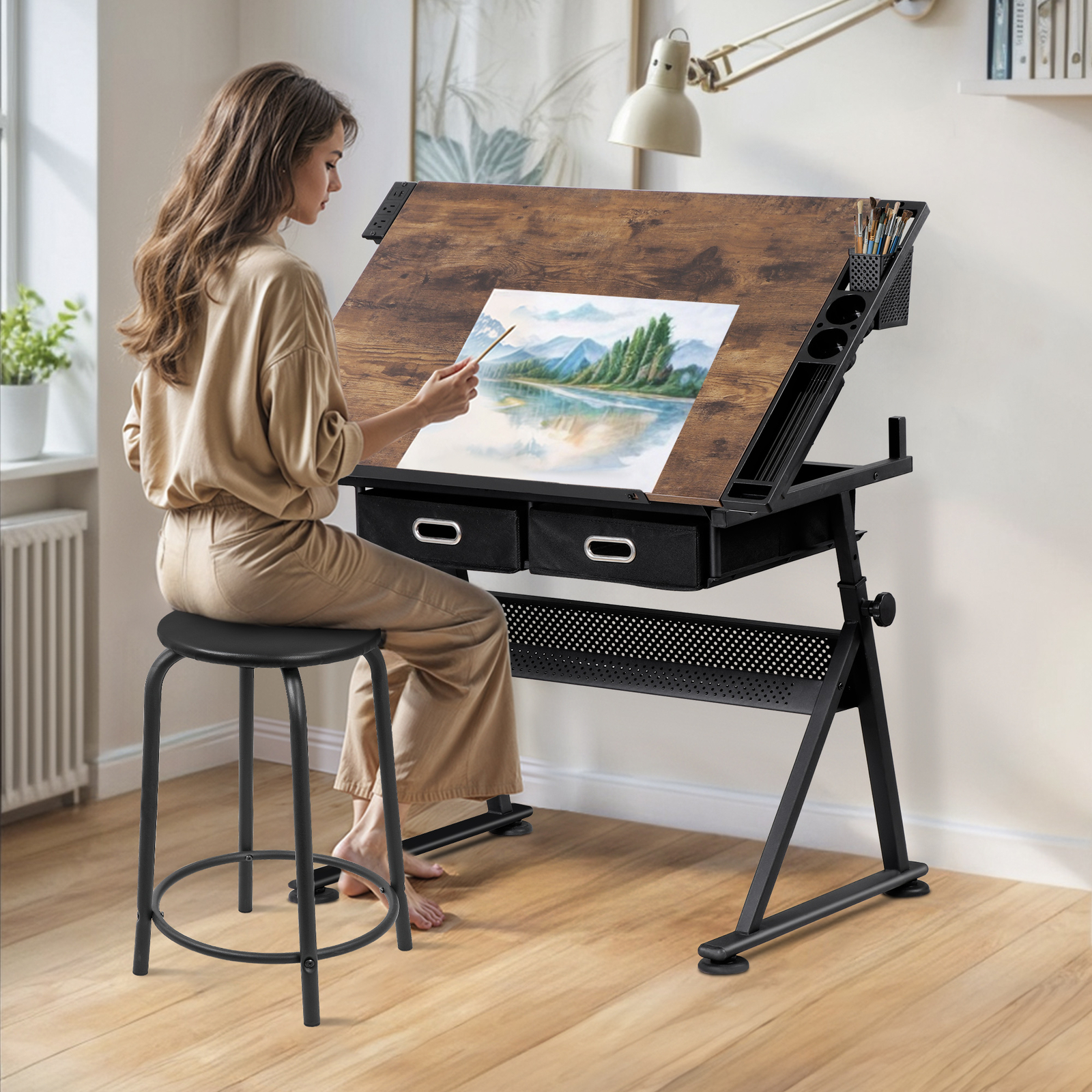 Drafting Drawing Table Adjustable Art Craft Desk with Power Outlet & Stool Retro