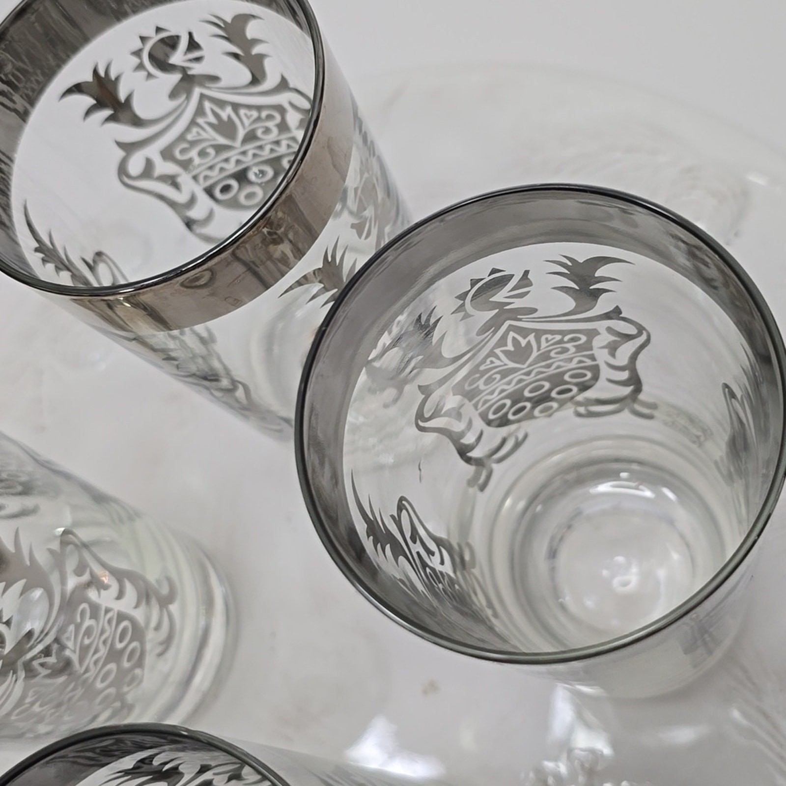 Vintage MCM Set Of 4 Kimiko Silver Knight Shield Highball Glasses Barware