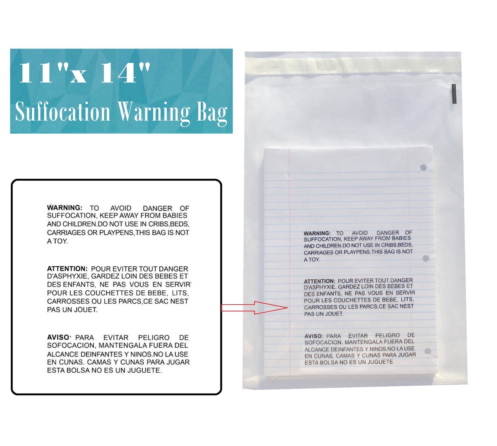 1000 11x14 Clear Bags Suffocation Warning Self Seal Bag 1.5 Mil - ST ShipMailers