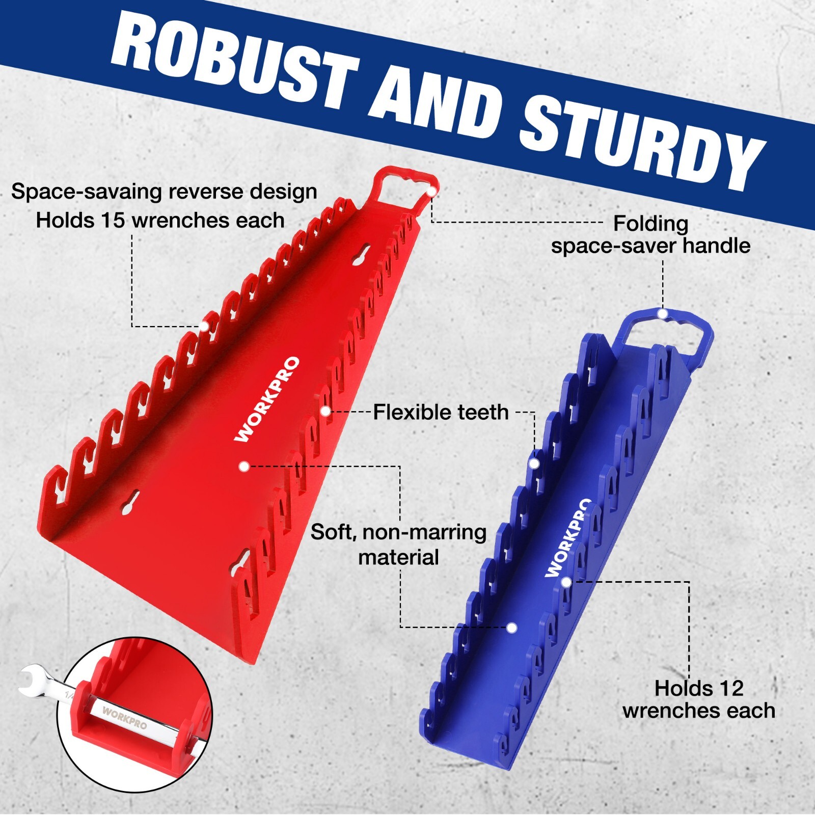 WORKPRO 4-PACK Magnetic Wrench Organizer 15-Slot 12-Slot Gripper Wrench Holder