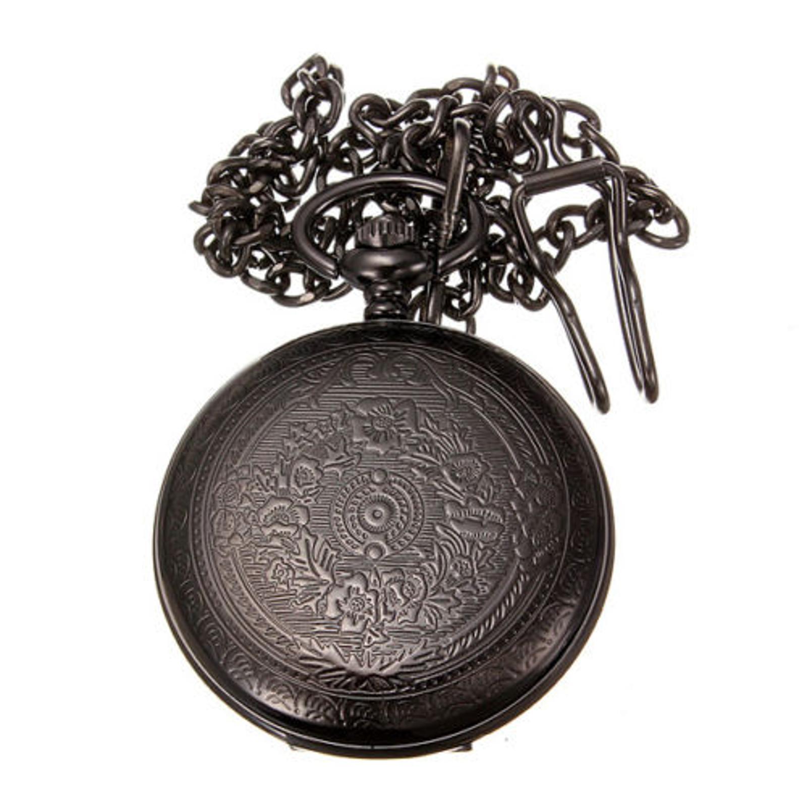 Retro Steampunk Pocket Watch Black Vintage Quartz Pendant Necklace Chain Gift