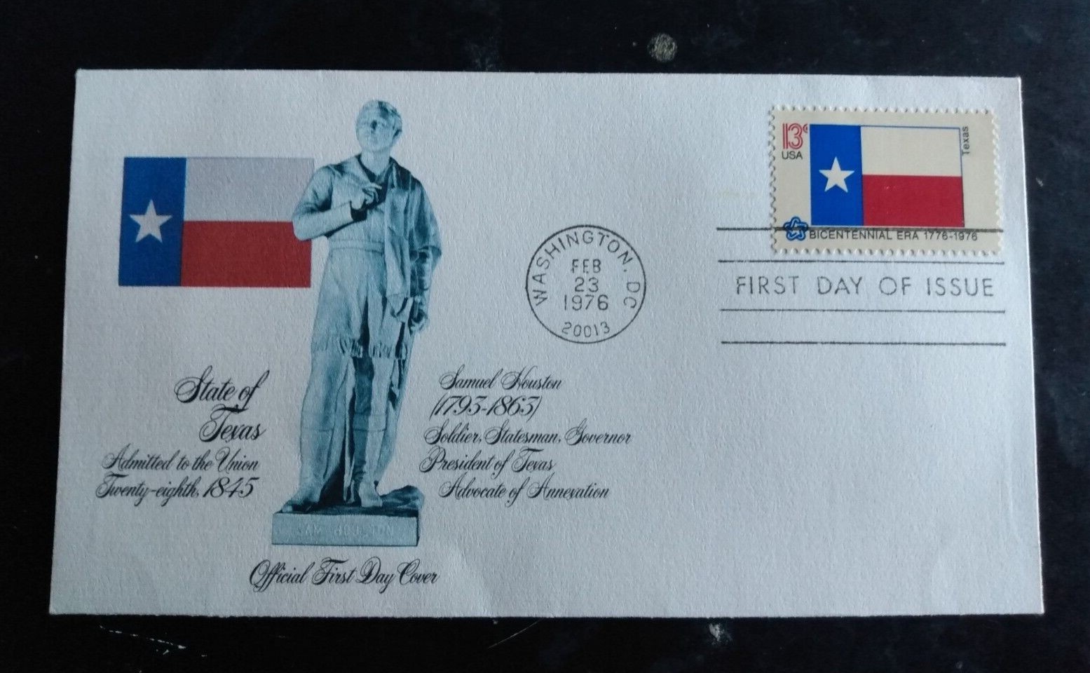 TEXAS STATE FLAG  1976 fleetwood cachet fdc STATUE OF SAMUEL HOUSTON VF UNADDR