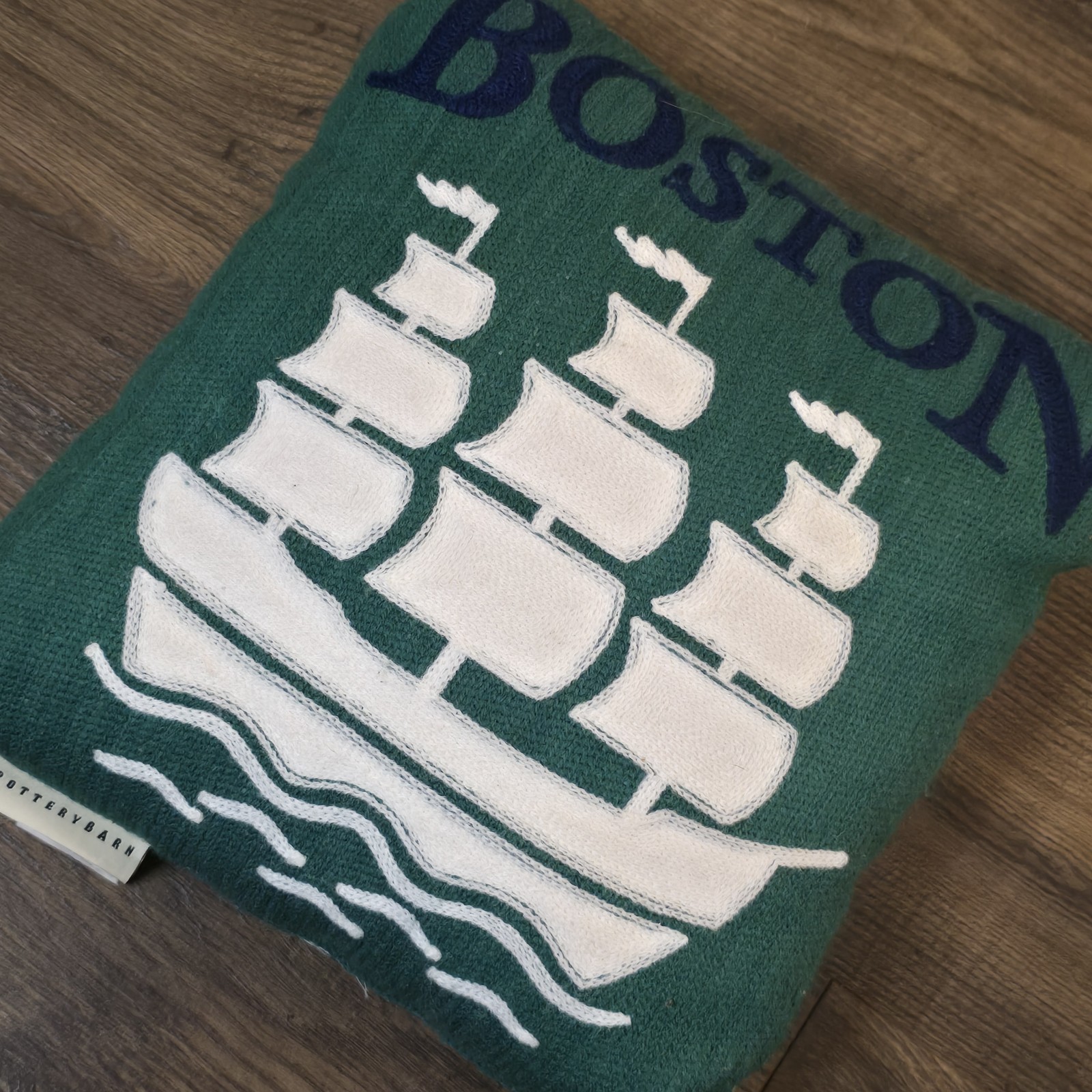 Pottery Barn Boston Tall Ship Pillow 12x12 Green Navy Embroidered Cotton